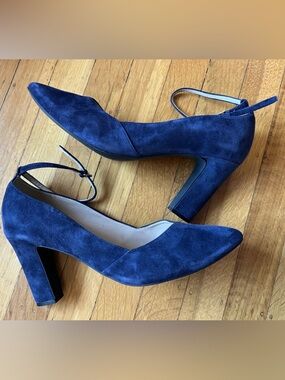 Cole Haan blue suede high heel shoes ankle strap office sexy secretary 10 Kaelyn
